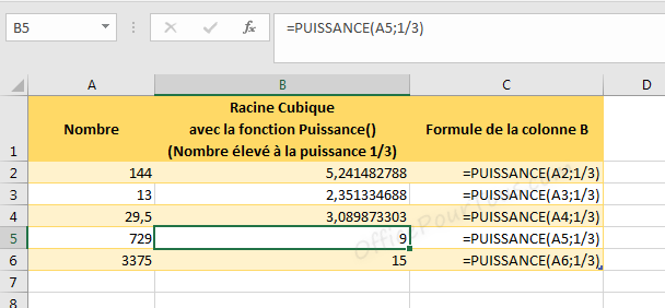 Racine cubique dans Excel en utilisant la fonction PUISSANCE()