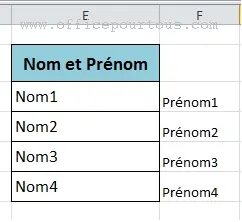 Résultat de la répartition du contenu d'une colonne Excel sur deux colonnes distinctes