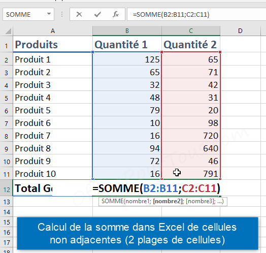 Somme de plusieurs plages de cellules dans Excel