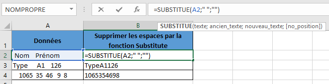 Supprimer espace Excel par fonction Substitute