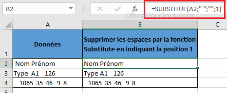 Supprimer espace Excel par Substitue en indiquant sa position