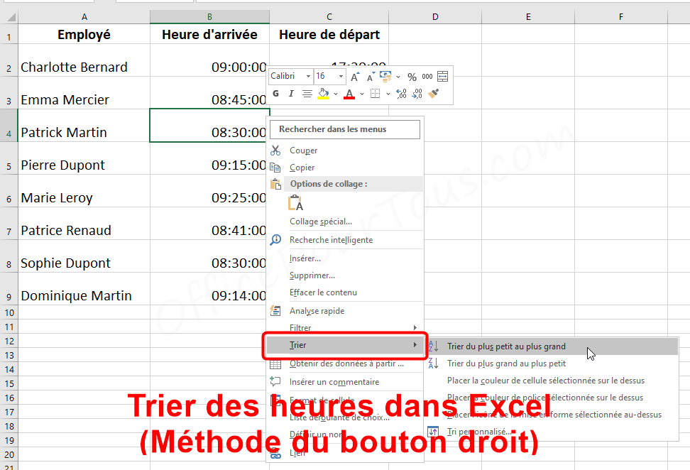 Trier des heures dans Excel par bouton droit